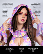 Model wearing the Duckies Assassin Hood showcasing its oversized design and vibrant colors ideal for rave outfits.