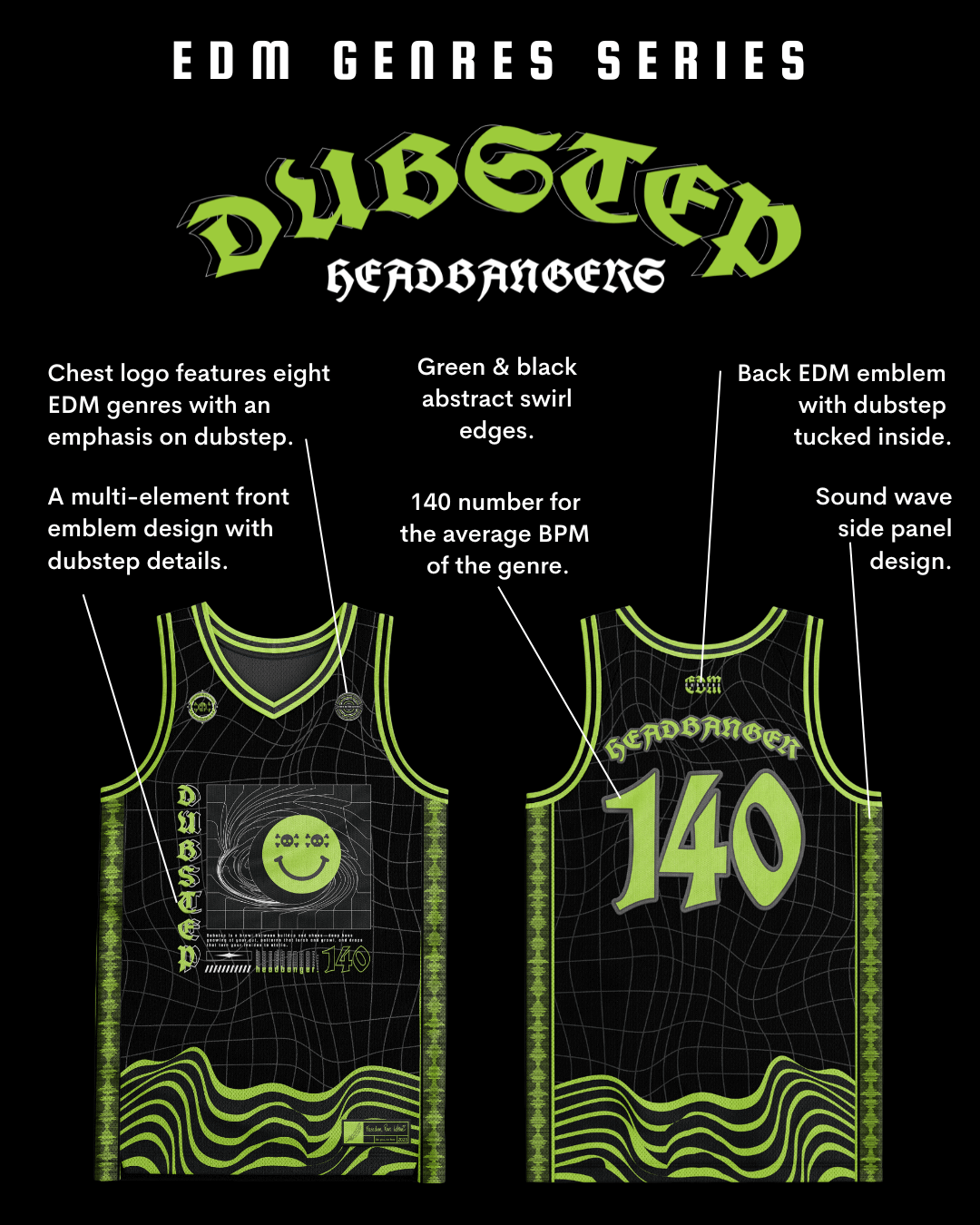 Dubstep basketball jersey from EDM Genres Series, featuring rave clothing designs with neon green and black details.