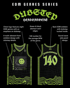 Dubstep basketball jersey from EDM Genres Series, featuring rave clothing designs with neon green and black details.