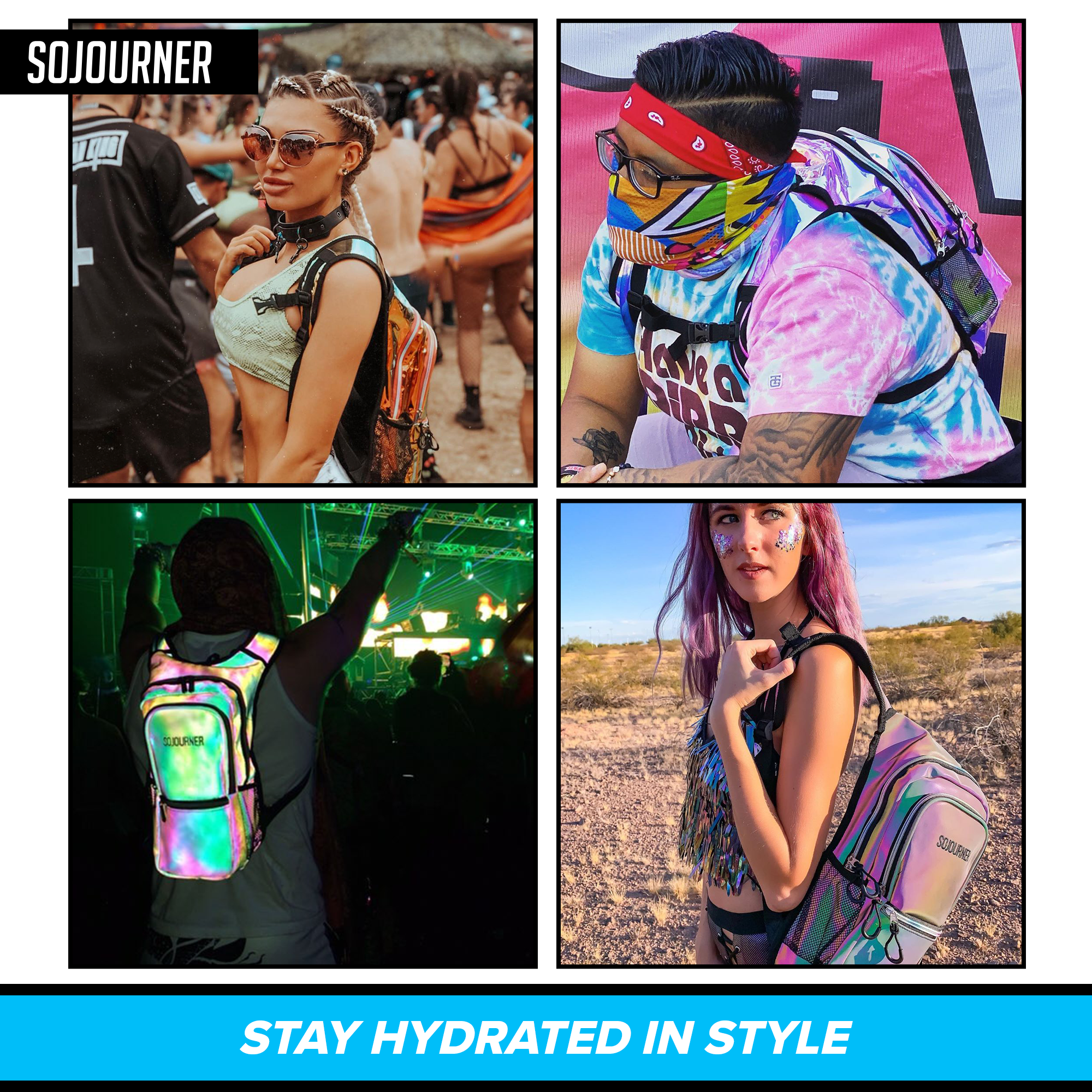 Hydration Pack Backpack (Medium) featured at events and festivals, showcasing style and comfort.