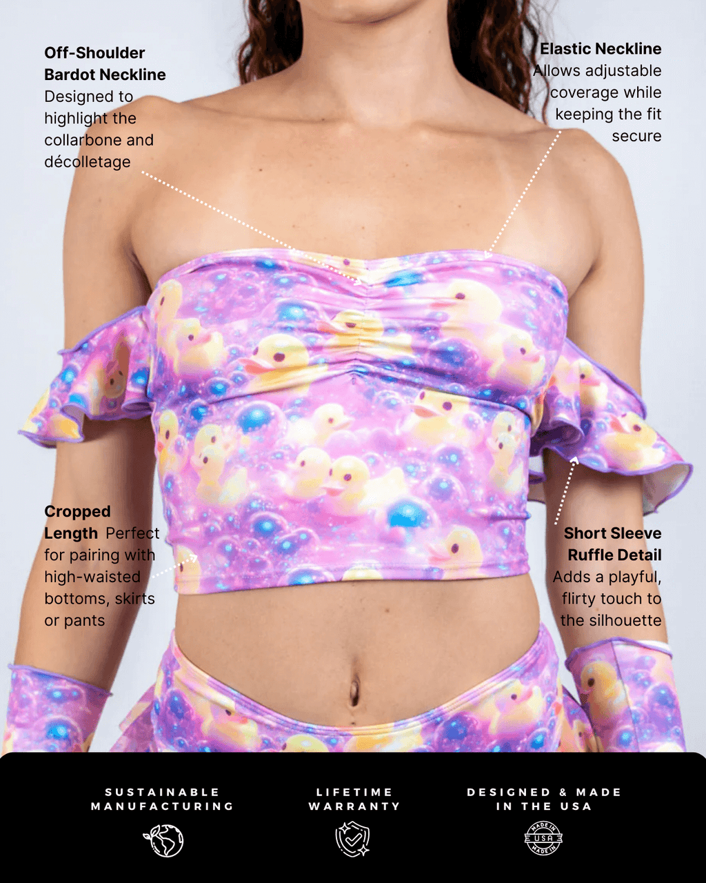 Duckies Bardot Top featuring off-shoulder neckline and colorful print, ideal for rave outfits.