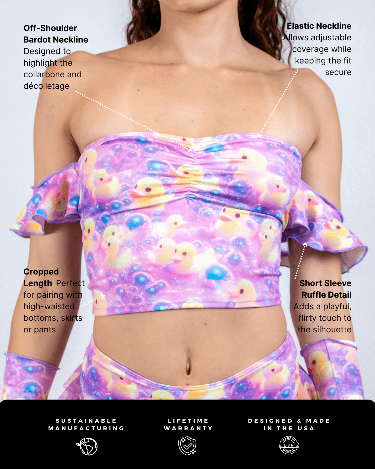 Duckies Bardot Top featuring off-shoulder neckline and colorful print, ideal for rave outfits.