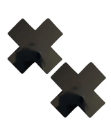 Wet Black Vinyl X Factor Pasties for rave outfits, including 2 stylish Nipztix to enhance your look at parties or festivals.