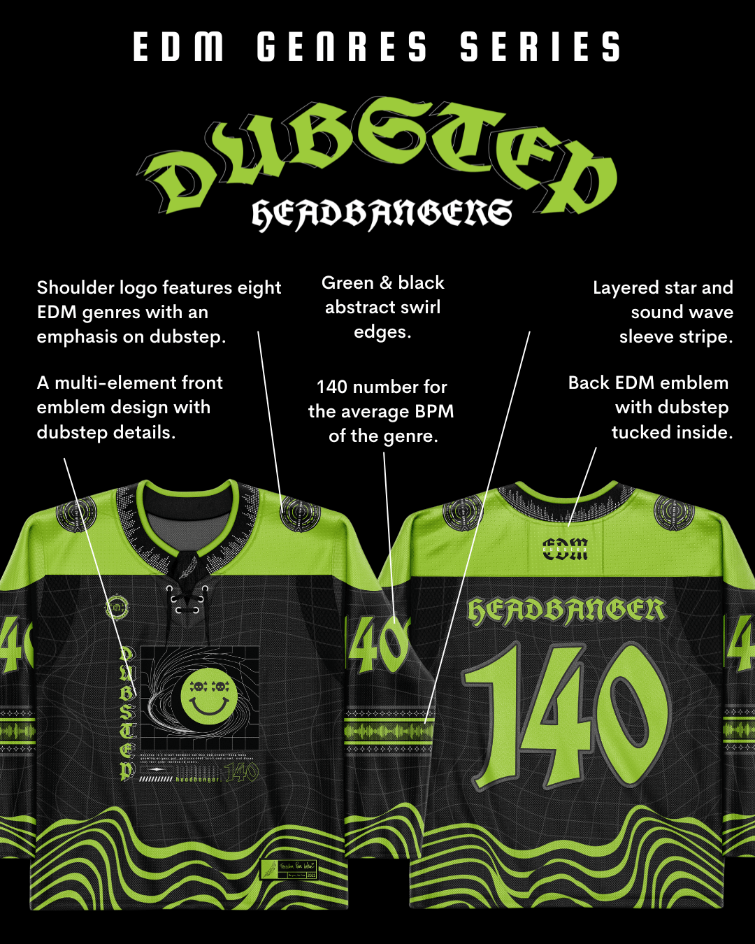 Dubstep hockey jersey featuring rave clothing style with abstract designs and unique EDM-inspired elements.