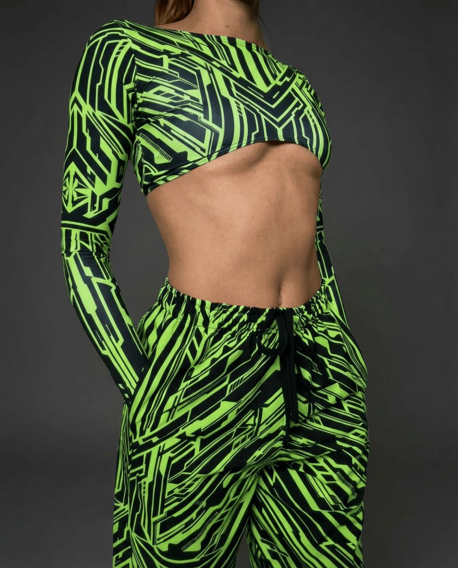 Neon green Techtronix rave top with long sleeves and cropped underboob cut, festival outfit front view