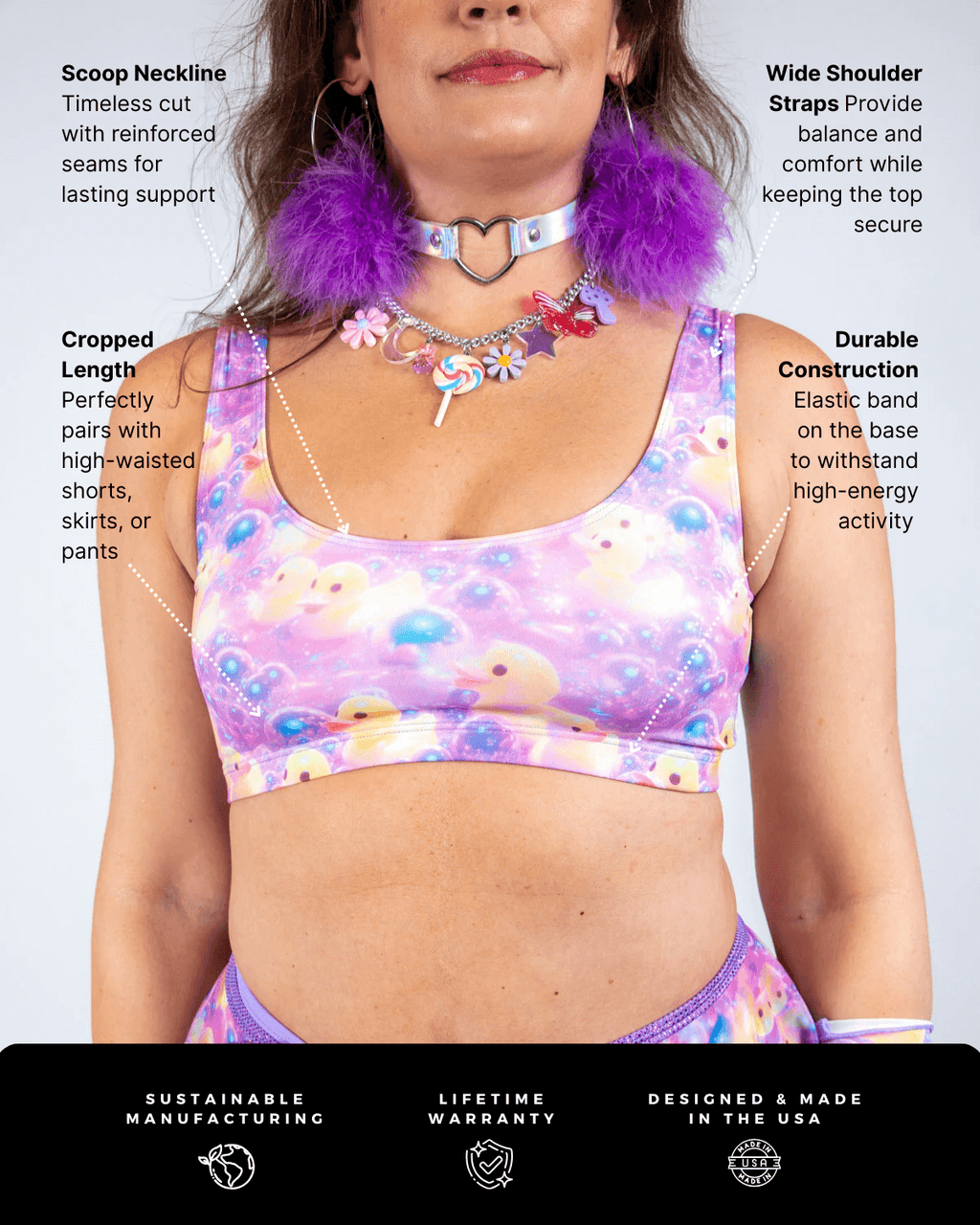 Duckies Classic Top worn by a model showcasing vibrant colors and features for rave outfits.