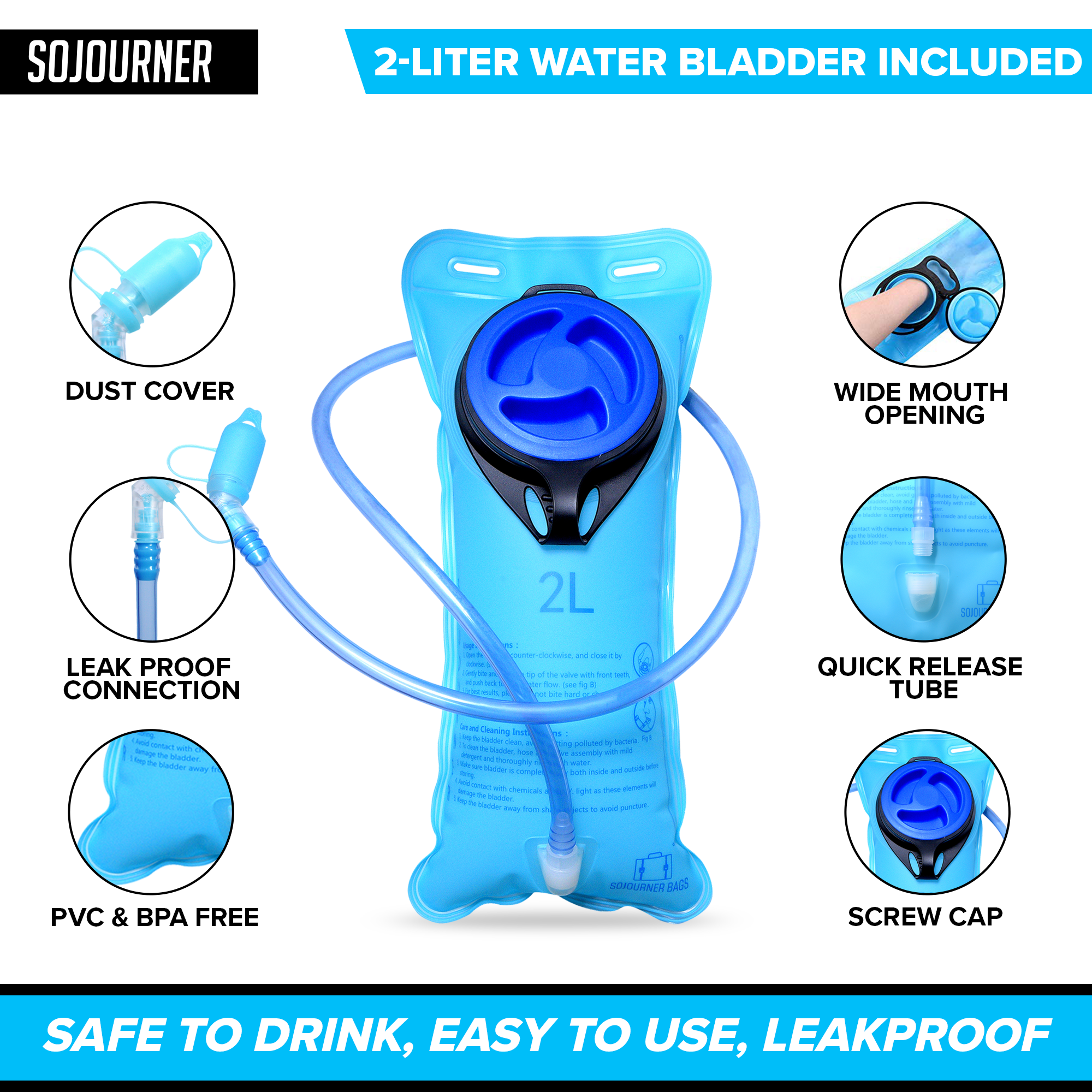2L water bladder with leak proof connection, wide mouth opening, and screw cap, ideal for Hydration Pack Backpack (Medium).