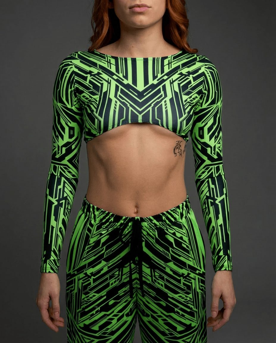 Green Techtronix rave top with long sleeves and cropped underboob cut, festival outfit front view