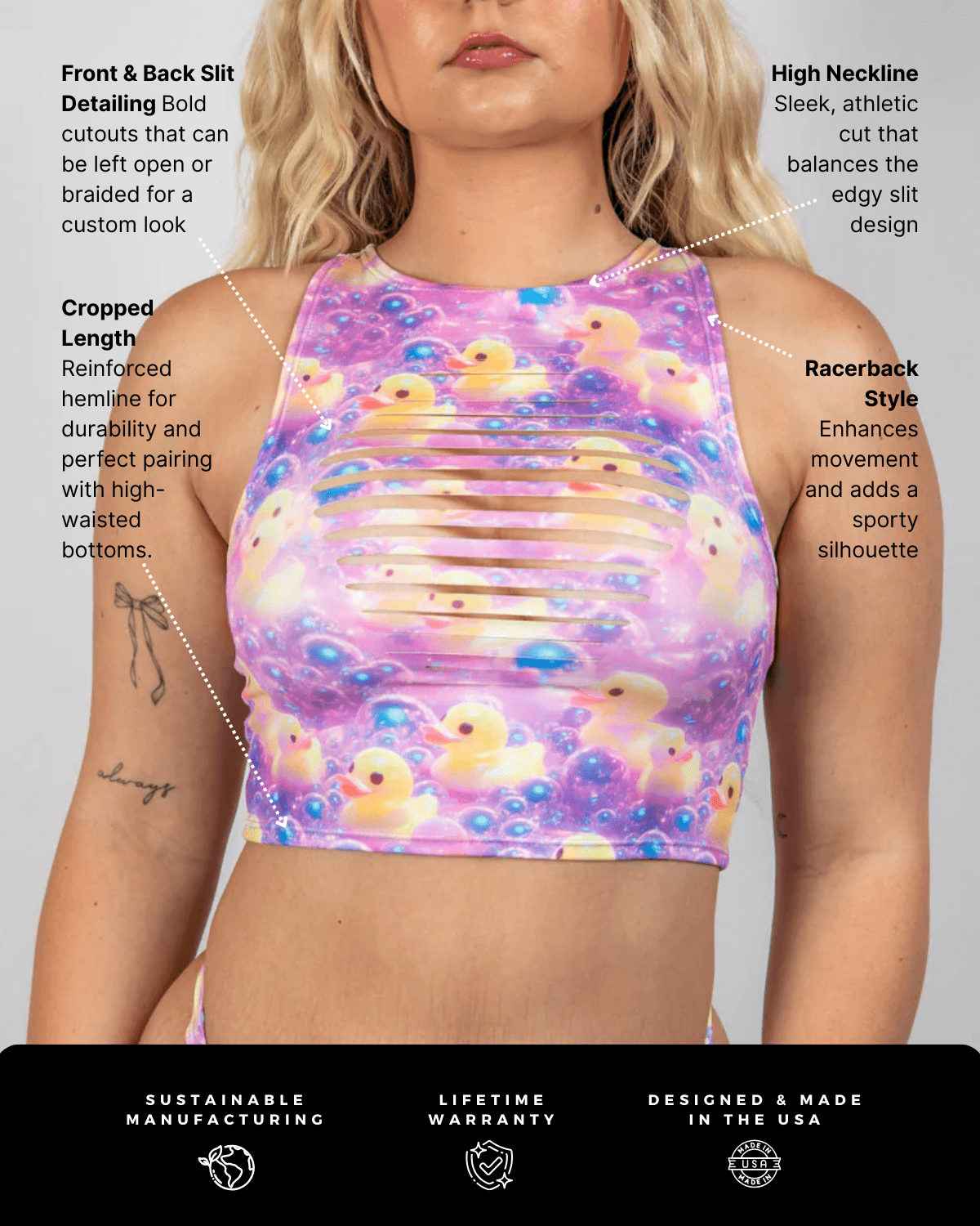Duckies Slit Crop Top featuring playful colors, bold slits, and cropped design, perfect for rave outfits.