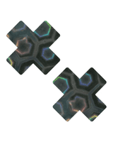 Black Nuclear Nightmare 3D holographic X nipple cover pasties, perfect for rave outfits and festival wear.