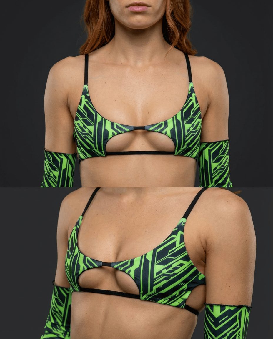 Alt Tag: Techtronix Wonder Top neon green and black circuitry print peekaboo cutout bikini crop top festival rave wear