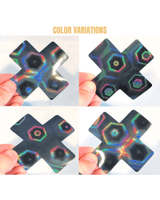 Color variations of Black Nuclear Nightmare 3D holographic nipple cover pasties for rave outfits.