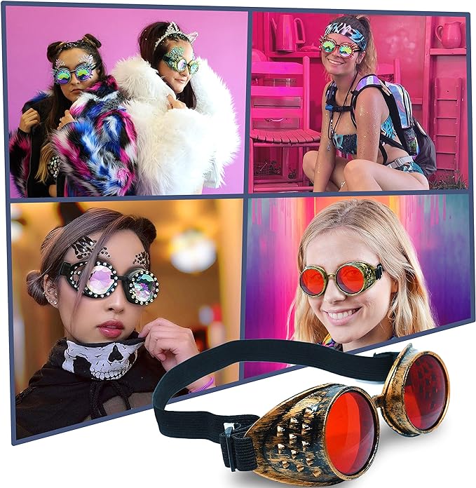 Steampunk Goggles and Kaleidoscope Glasses worn by models showcasing vibrant rave outfits and unique designs.