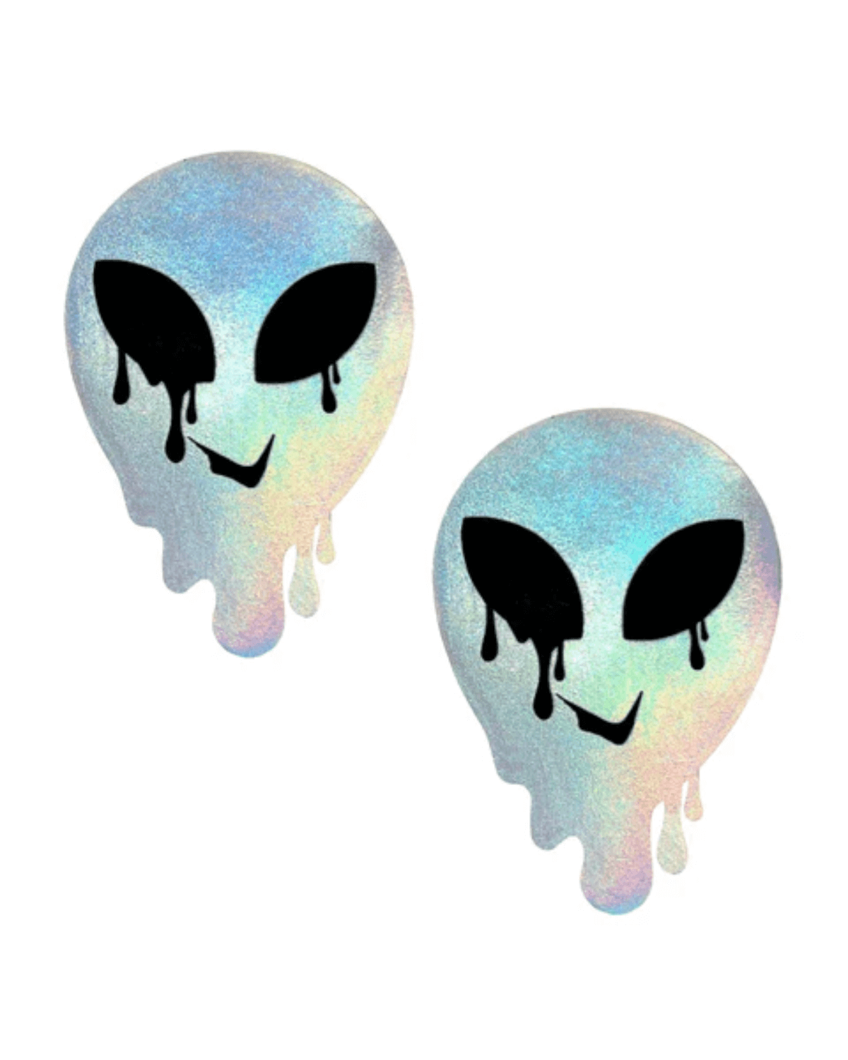 Holographic rainbow alien pasties for rave outfits, featuring dripping design and playful expressions.
