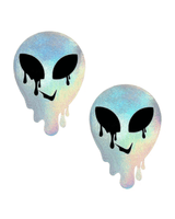 Holographic rainbow alien pasties for rave outfits, featuring dripping design and playful expressions.