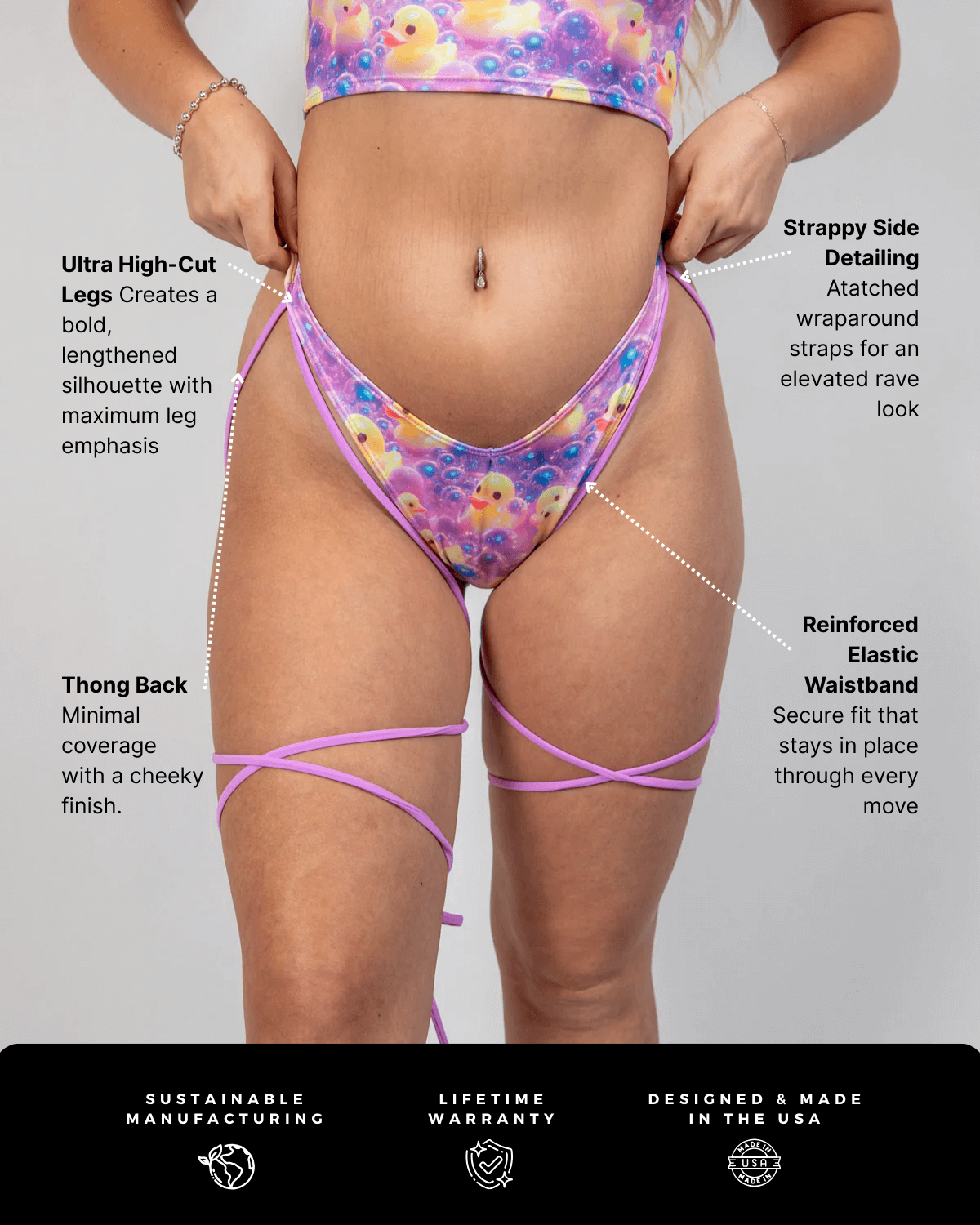 Duckies High High Strappy Bottoms showcasing ultra high-cut legs and colorful rave print for standout festival style.