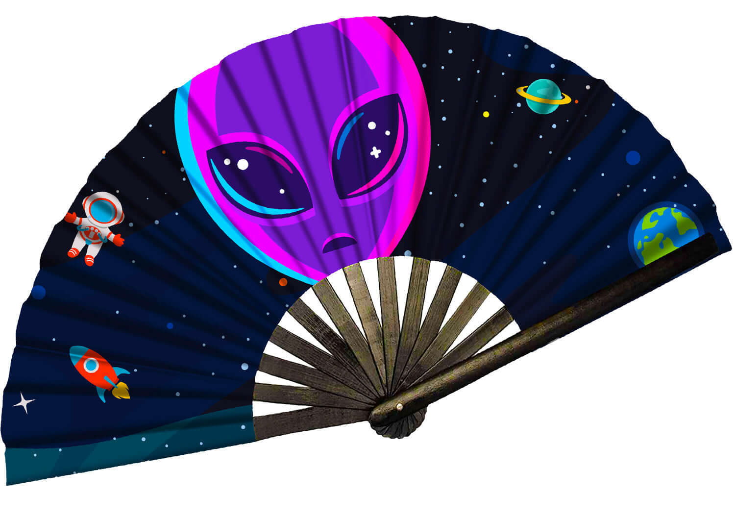 Festival Fans featuring an alien design, perfect for rave outfits and festival celebrations.
