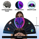 Festival Fans with alien design, perfect accessory for rave outfits at festivals and parties.
