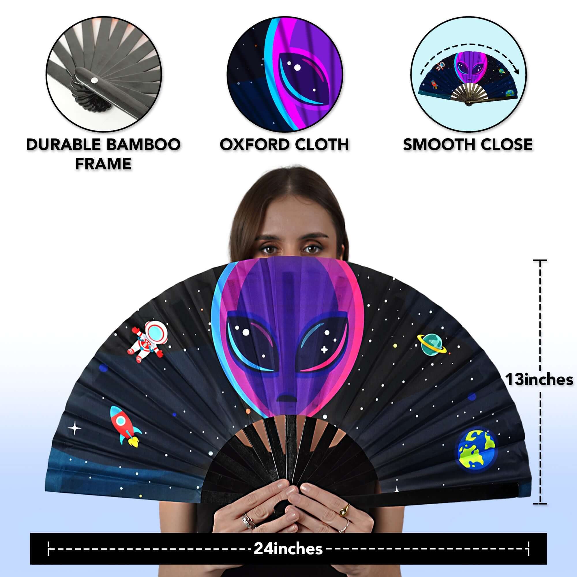 Festival Fans with alien design, perfect accessory for rave outfits at festivals and parties.
