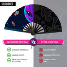 Festival Fans comparison showing SoJourner Rave Fan with unique prints and durability against other hand fans.