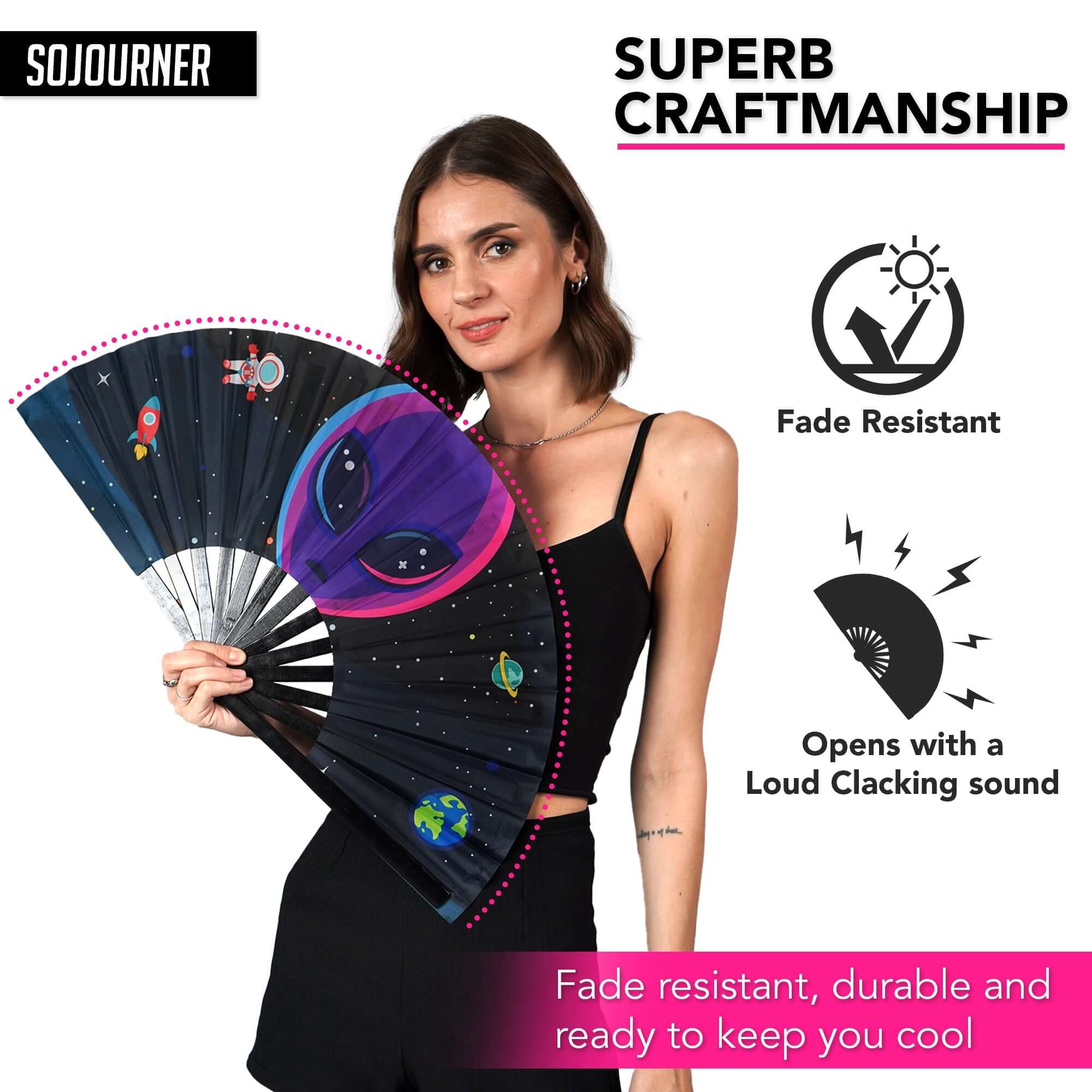 Festival Fans showcasing a woman holding a large folding fan with space-themed design, perfect for rave outfits.