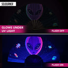 Festival Fans glows under UV light, showcasing vibrant alien design and space motifs, perfect for rave outfits.