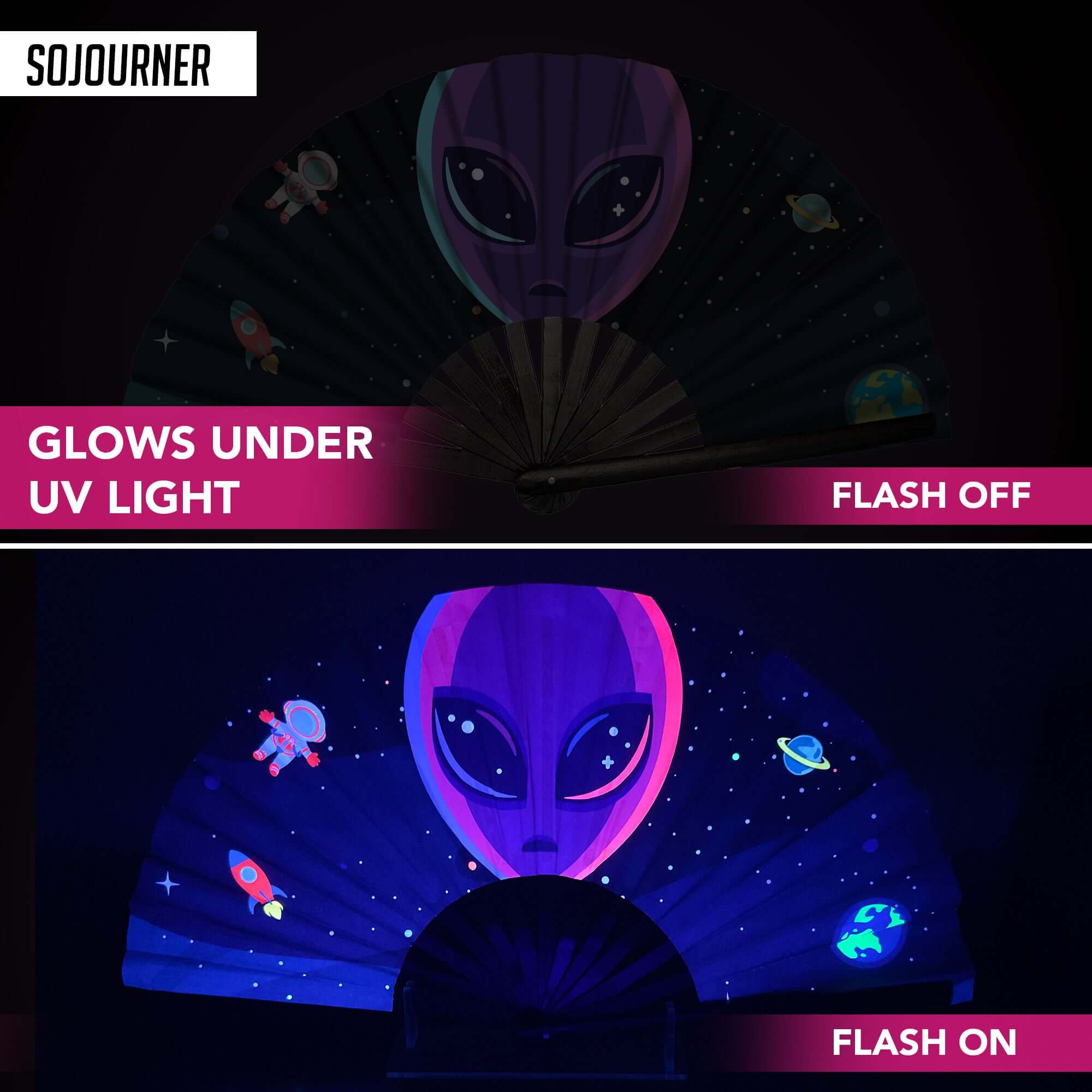 Festival Fans glows under UV light, showcasing vibrant alien design and space motifs, perfect for rave outfits.