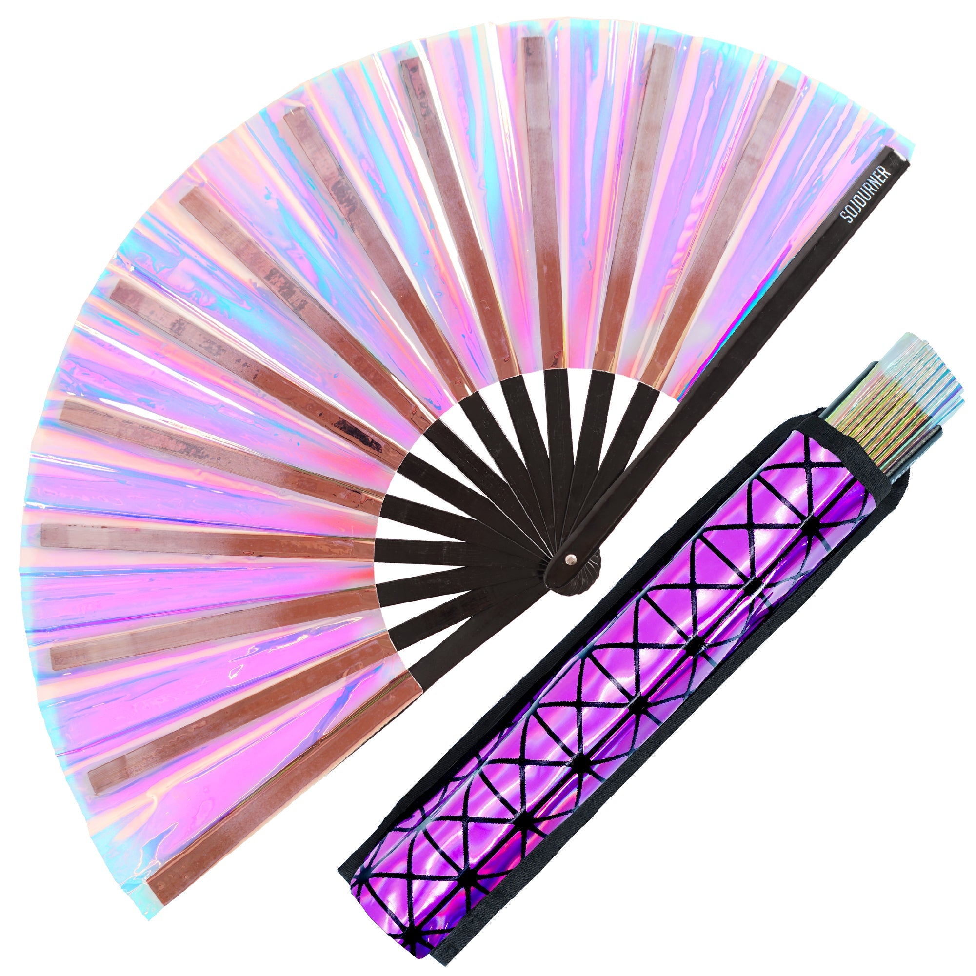 Festival Fans - Large folding fans with holographic design, ideal rave accessories for festivals, drag queen events, and parties.