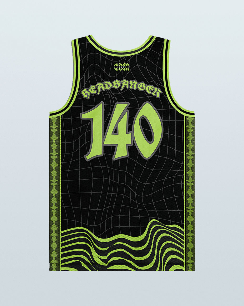Dubstep basketball jersey with neon green accents and grid design, perfect for rave clothing enthusiasts.