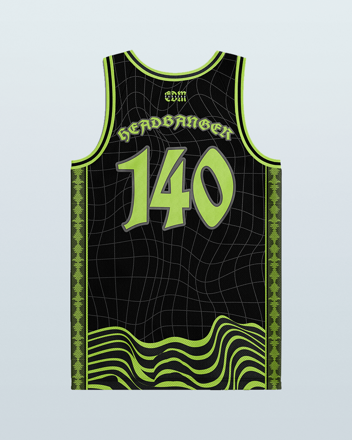 Dubstep basketball jersey with neon green accents and grid design, perfect for rave clothing enthusiasts.