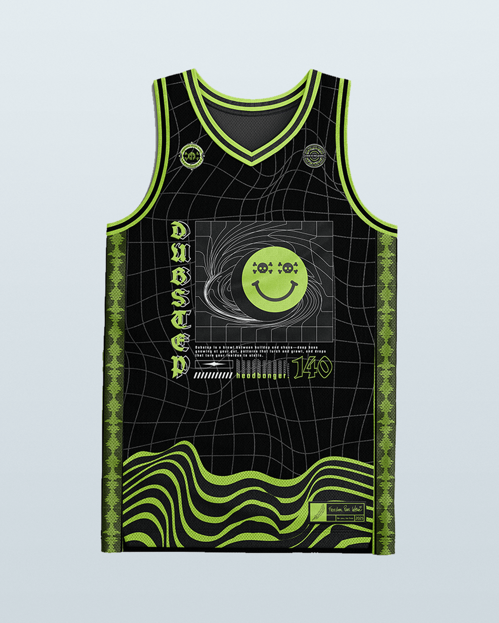 Dubstep basketball jersey featuring rave clothing design with vibrant green details and smiley graphic.
