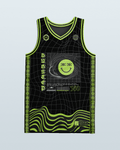 Dubstep basketball jersey featuring rave clothing design with vibrant green details and smiley graphic.