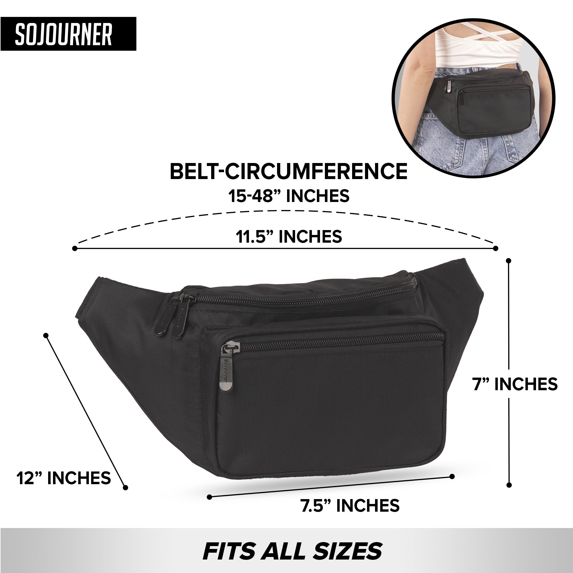 Fanny Pack (Solids) dimensions with belt circumference details, showcases organized 3-pocket design for easy access.