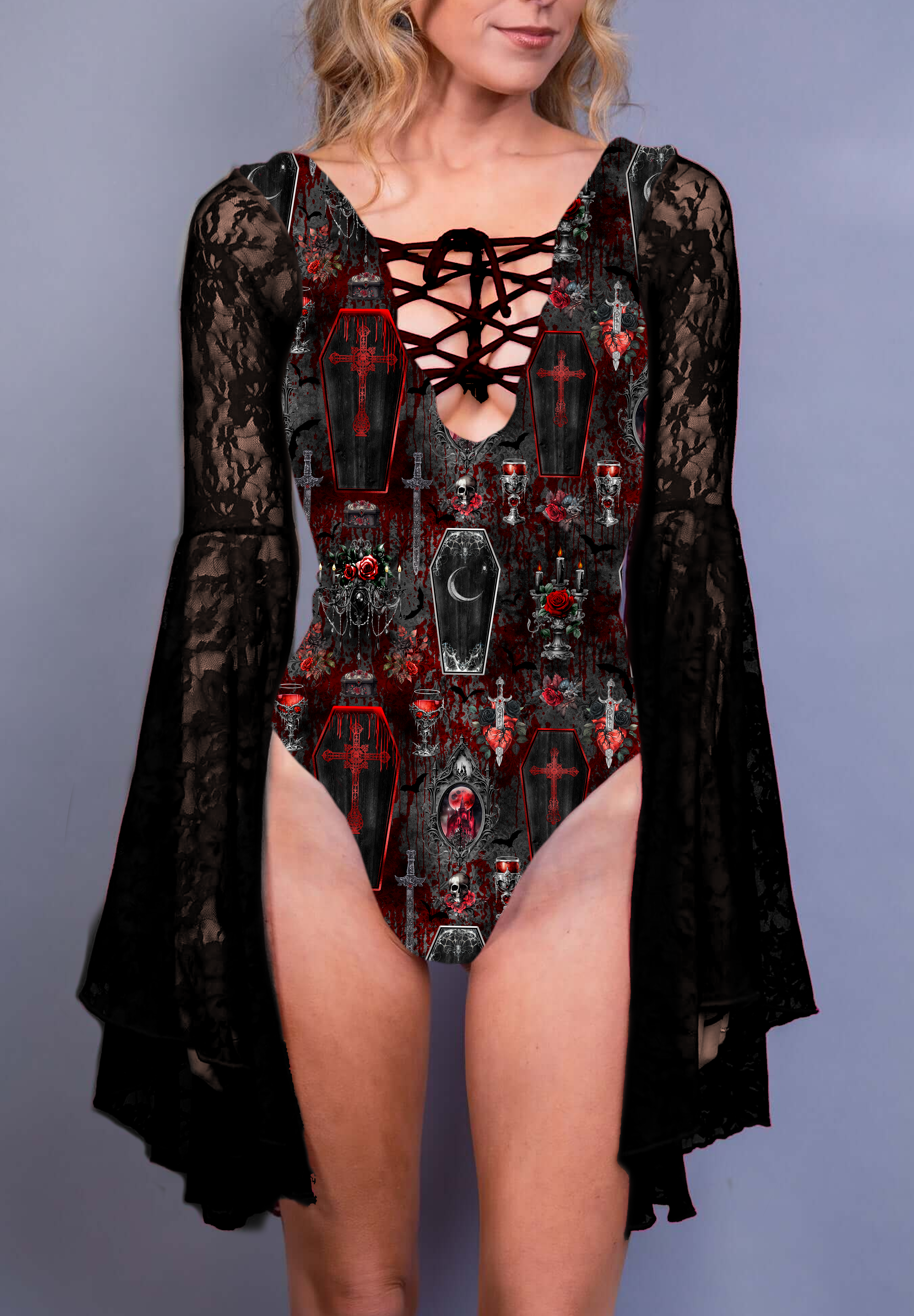 Black and red bodysuit featuring gothic coffin and cross designs, paired with lace sleeves for an ethereal yet edgy look.