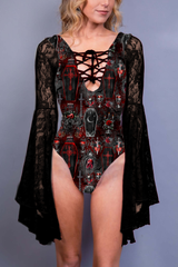 Black and red bodysuit featuring gothic coffin and cross designs, paired with lace sleeves for an ethereal yet edgy look.