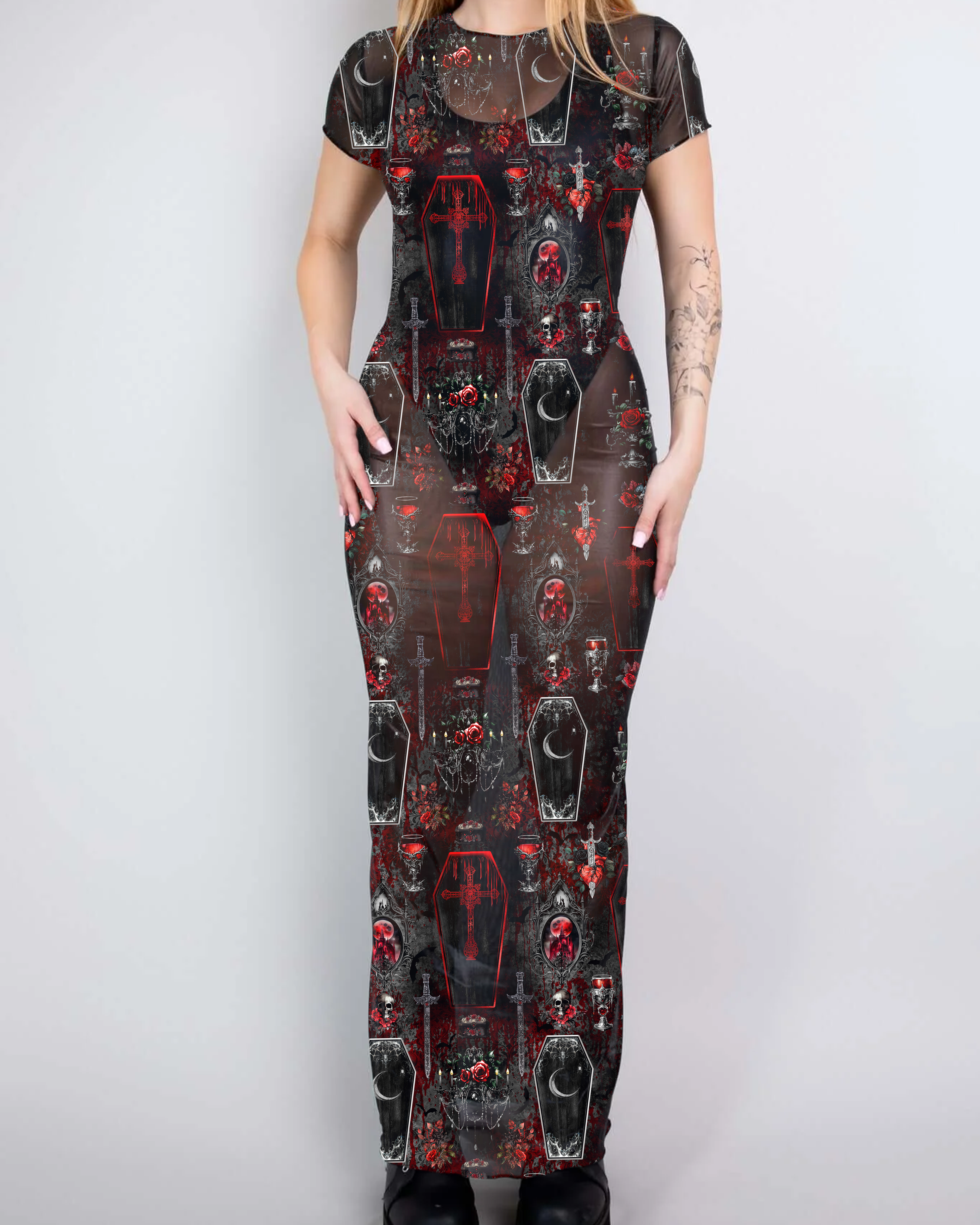 Bloodlust Mesh Baby Tee Maxi Dress with coffin and rose artwork, perfect for rave outfits and dark fashion enthusiasts.