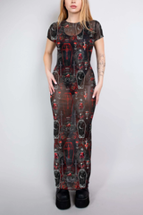 A full-length sheer mesh dress with a red and black coffin and cross pattern, offering a dark, vampiric elegance.