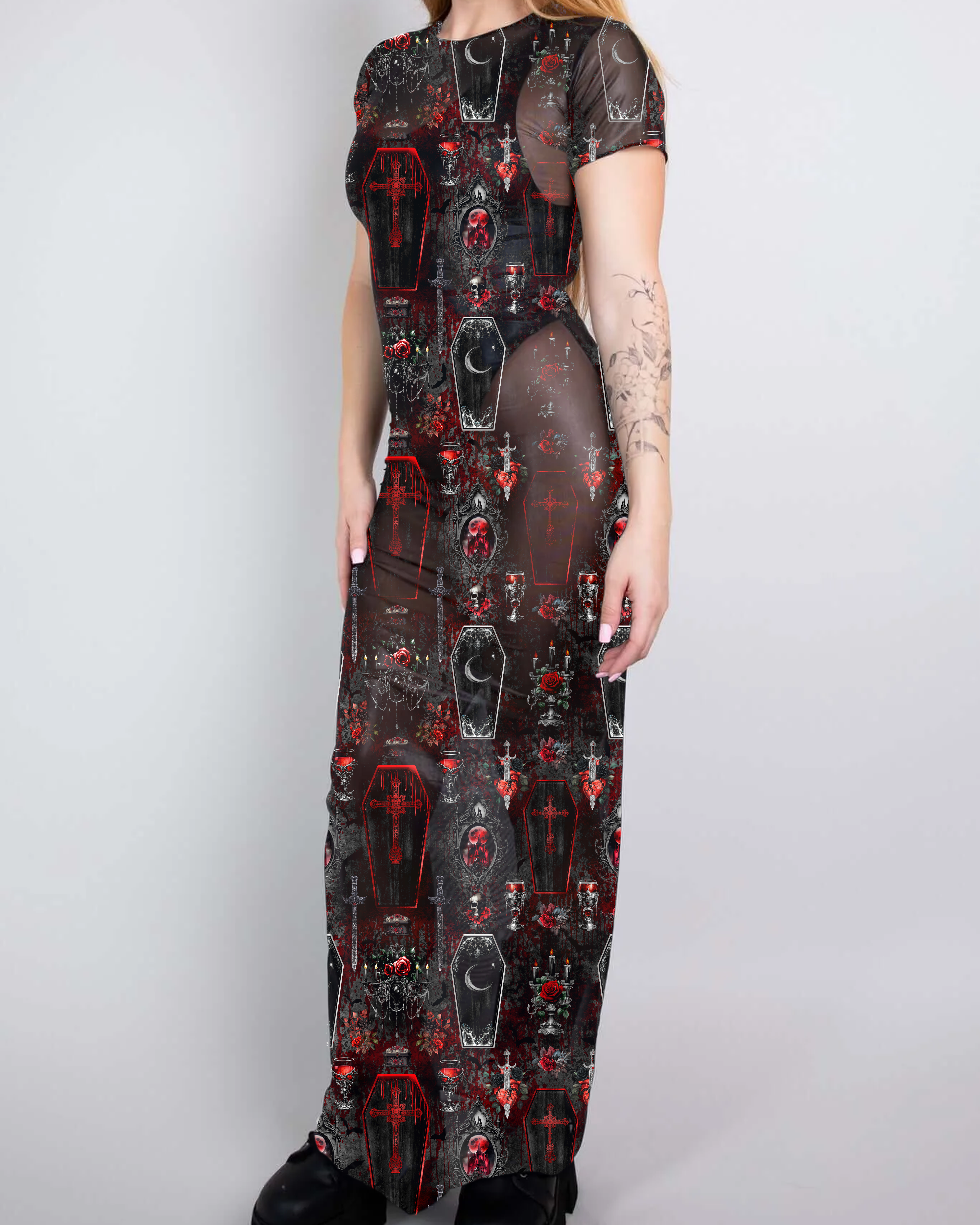 Model wearing Bloodlust Mesh Baby Tee Maxi Dress featuring coffin and rose artwork, ideal for rave outfits.