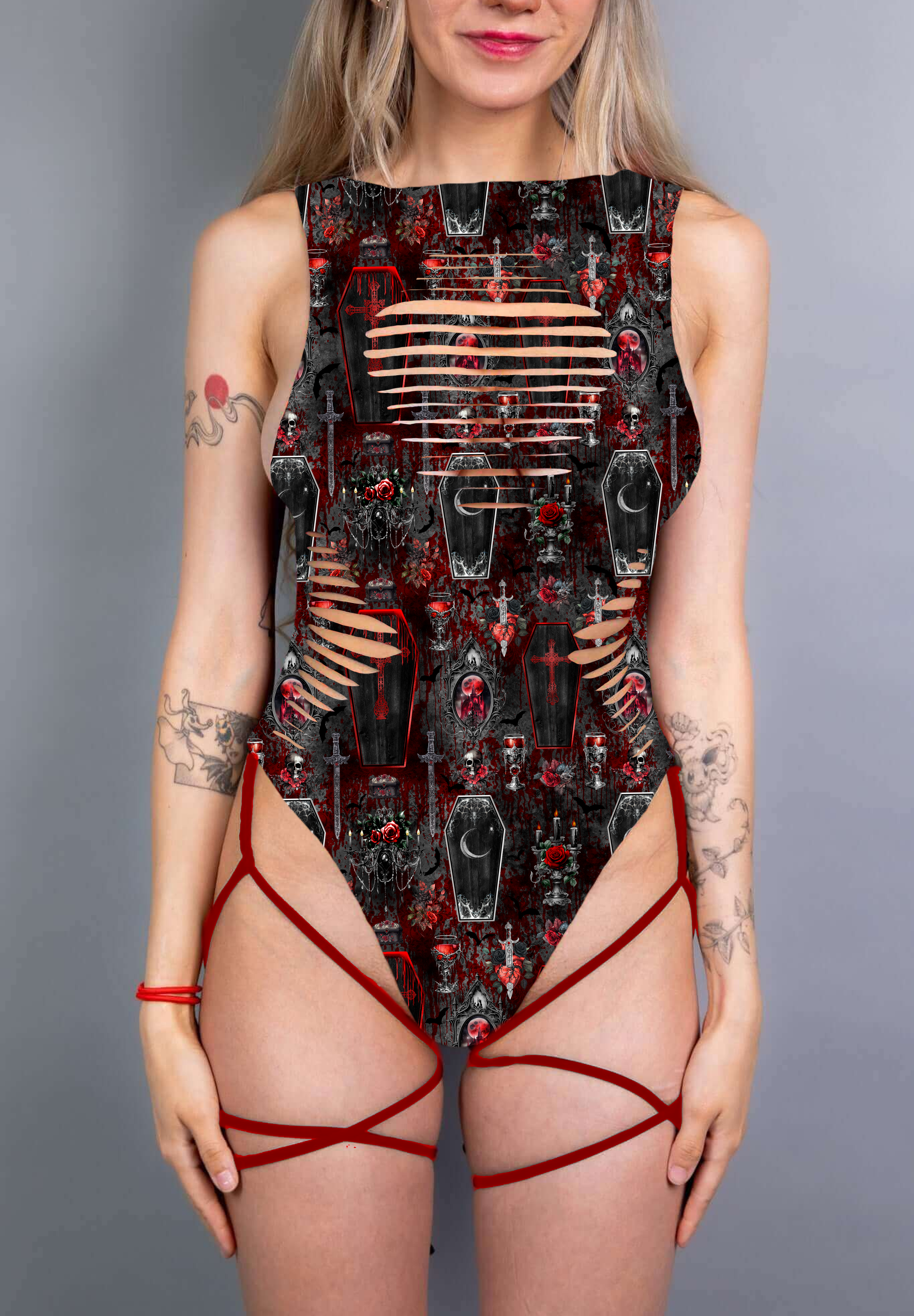  A gothic bodysuit with revealing slits and bold red straps, complemented by coffin and cross patterns in deep red and black.