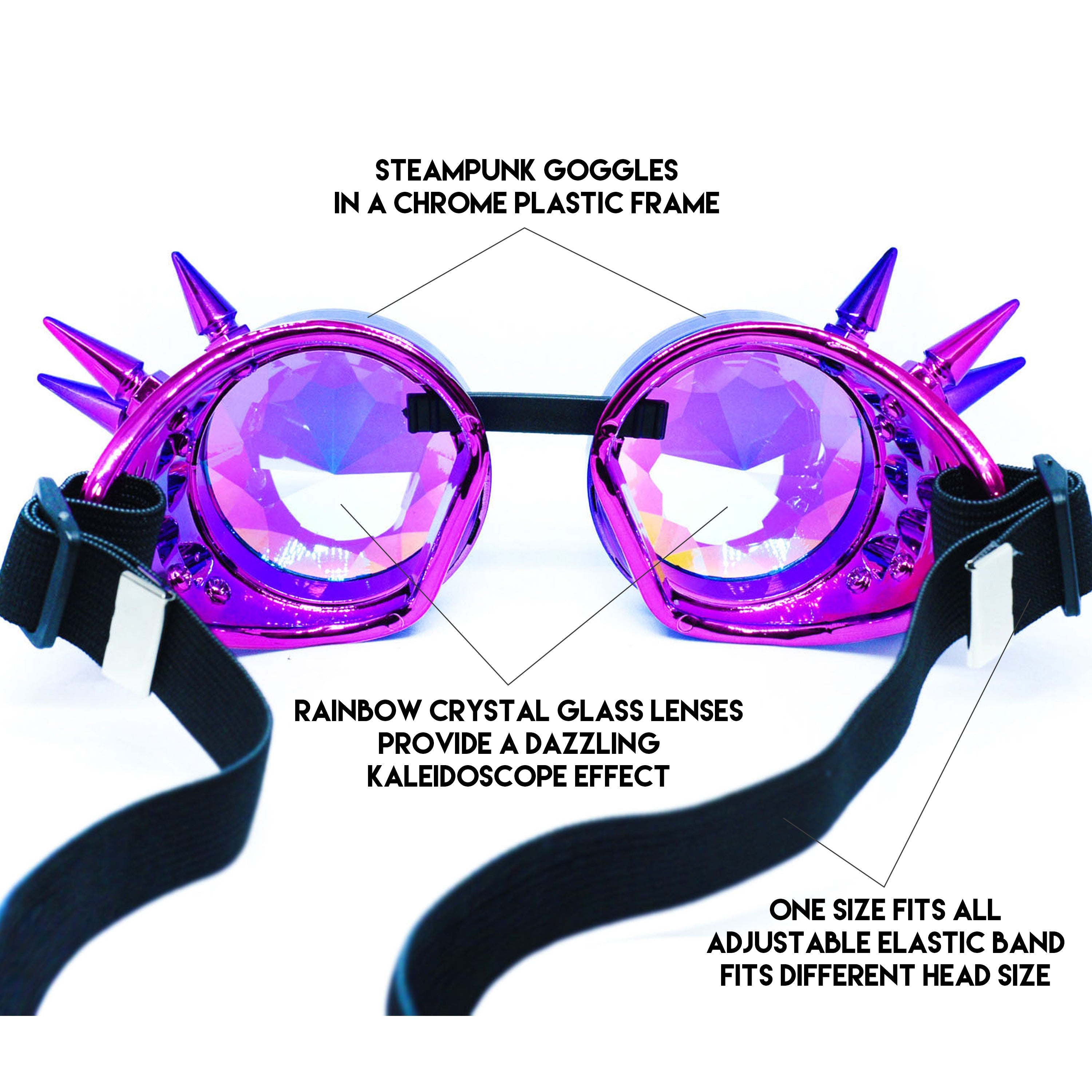 Steampunk Goggles and Kaleidoscope Glasses with chrome plastic frame and rainbow crystal lenses.