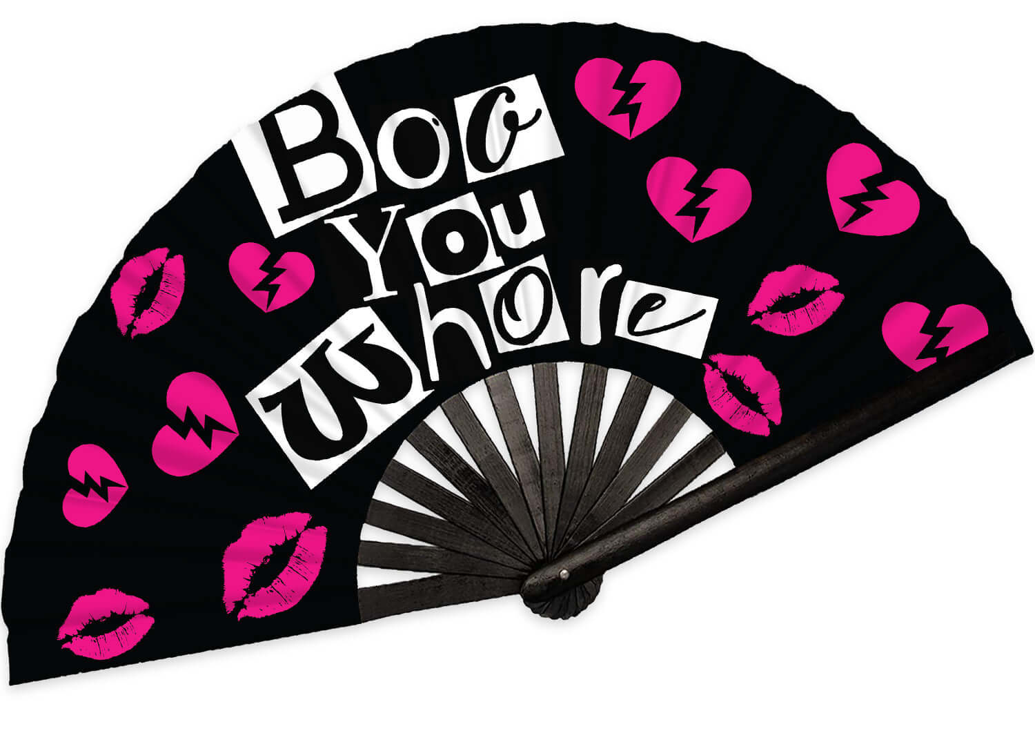 Festival Fans featuring 'Boo You Whore' design, perfect accessory for raves and parties.