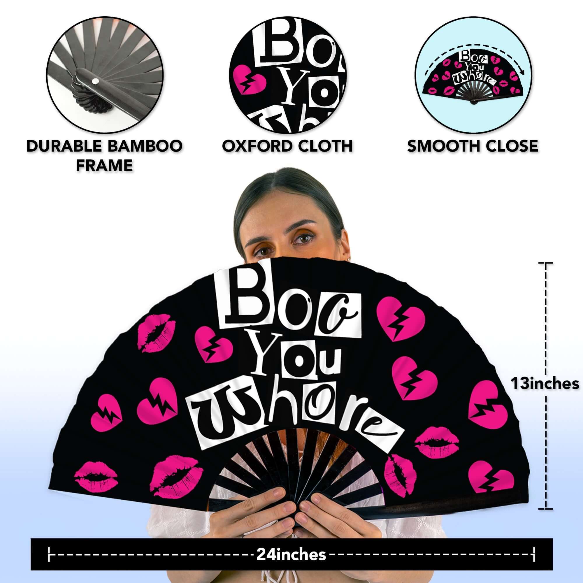 Festival Fans – Large folding fan with black and pink design, perfect for rave outfits and events.