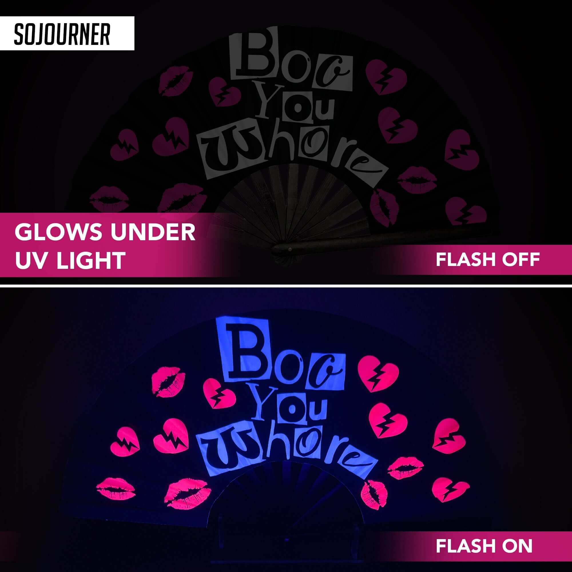 Festival Fans glowing under UV light, showcasing unique designs for rave outfits and festival celebrations.