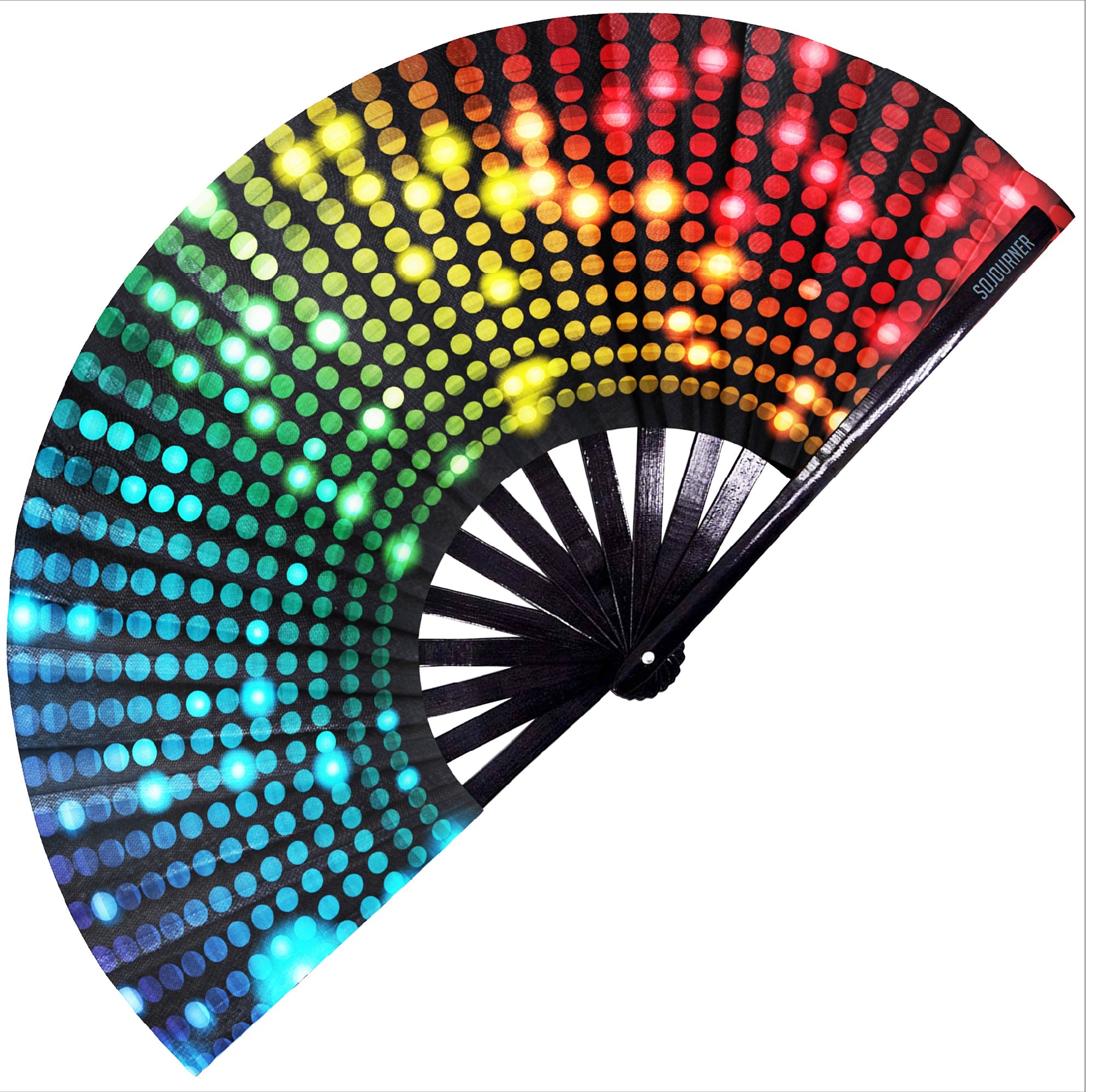 Vibrant festival fan with multicolored dots, perfect for rave outfits and drag shows - Festival Fans