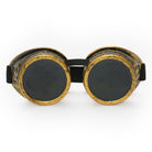 Steampunk Goggles and Kaleidoscope Glasses with black lenses and gold detailing on a white background
