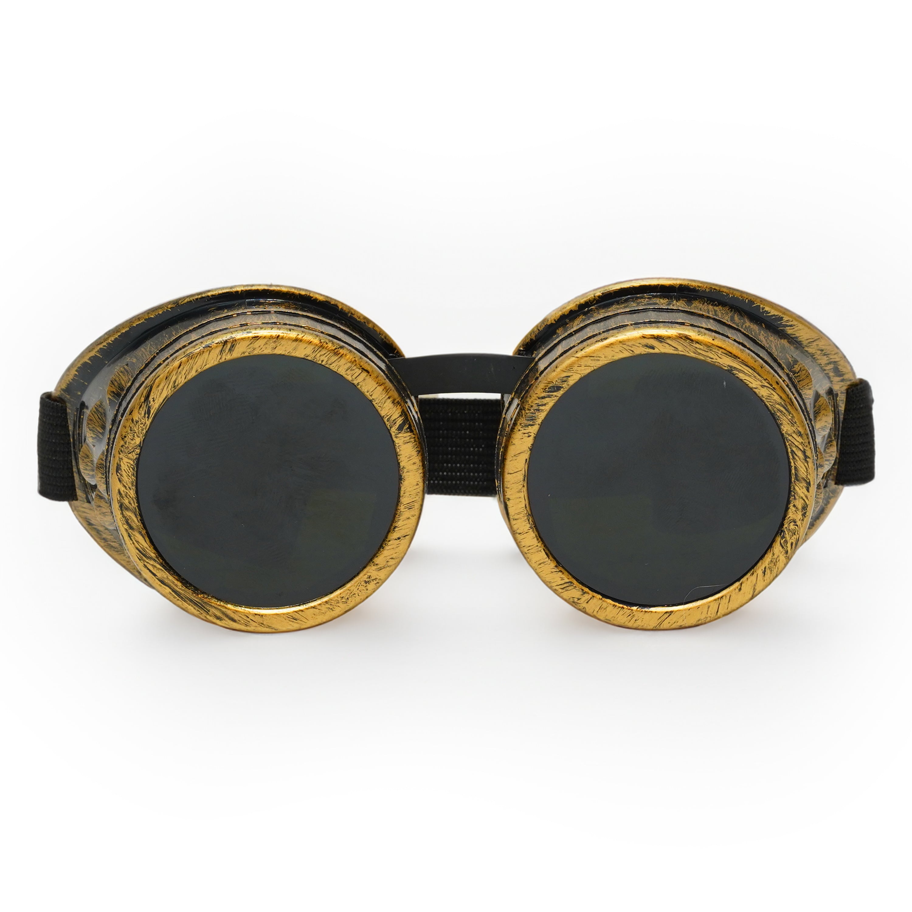 Steampunk Goggles and Kaleidoscope Glasses with black lenses and gold detailing on a white background