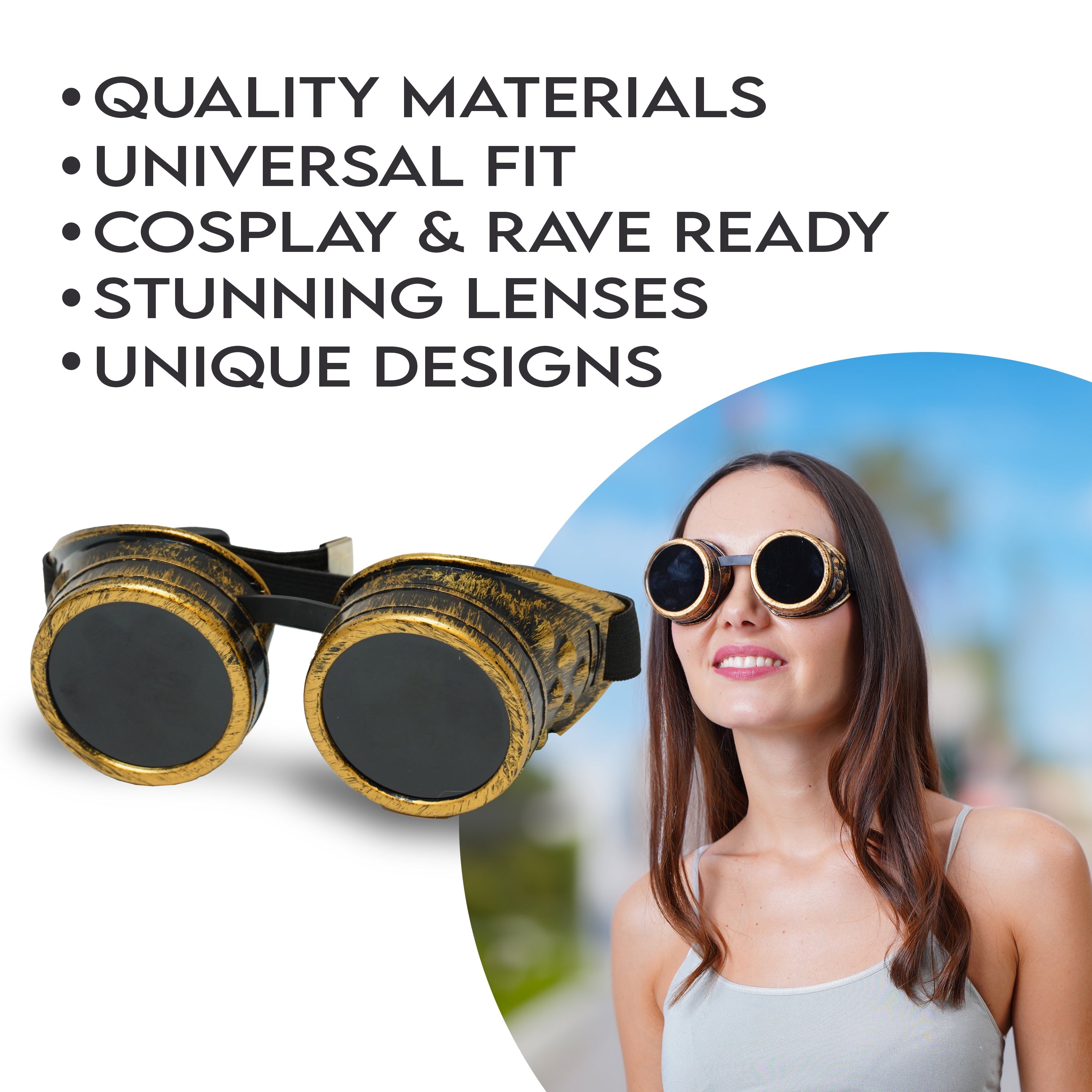Steampunk Goggles and Kaleidoscope Glasses featuring stunning lenses and a unique design, perfect for cosplay and rave outfits.