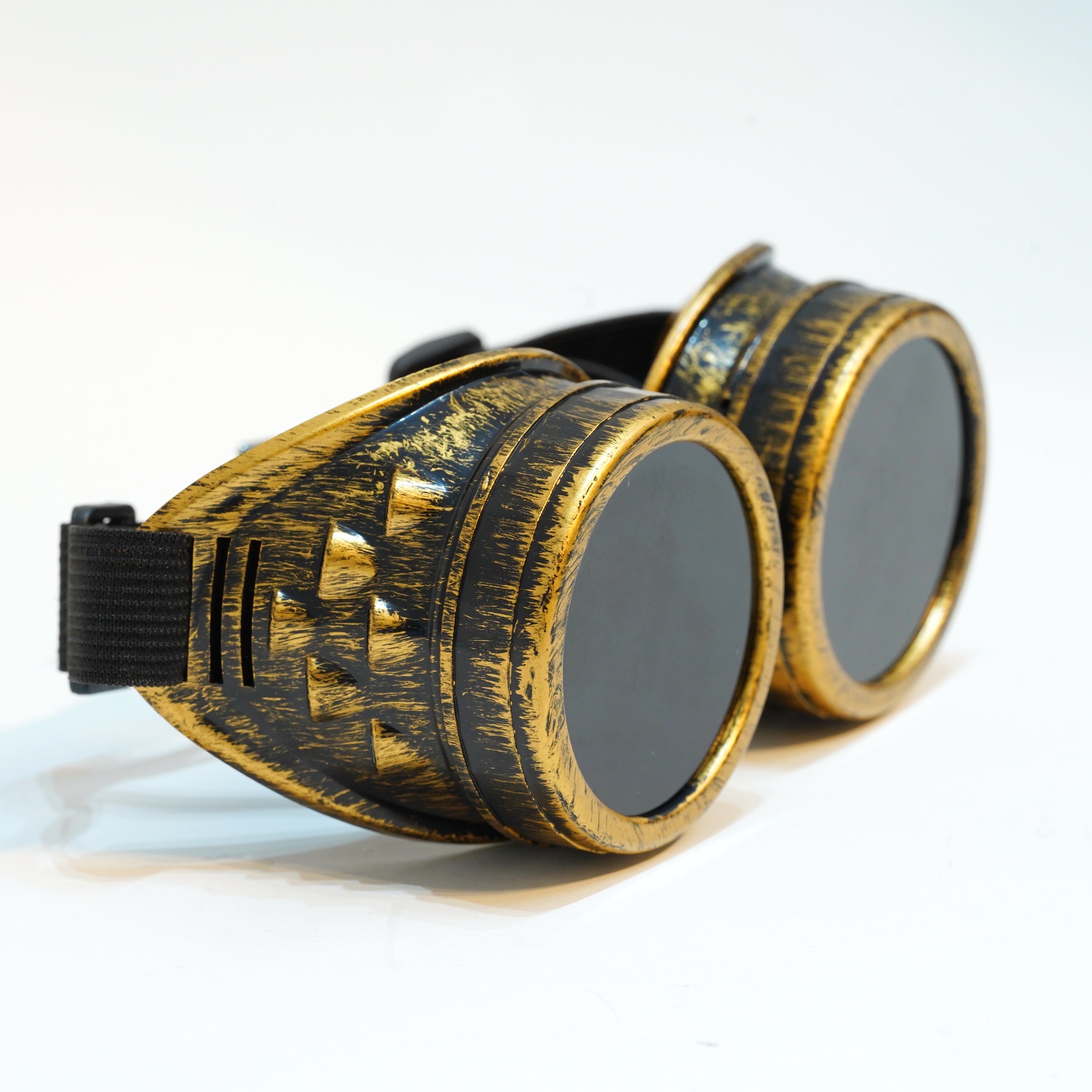 Steampunk Goggles and Kaleidoscope Glasses with gold and black design, perfect for rave outfits and cosplay.