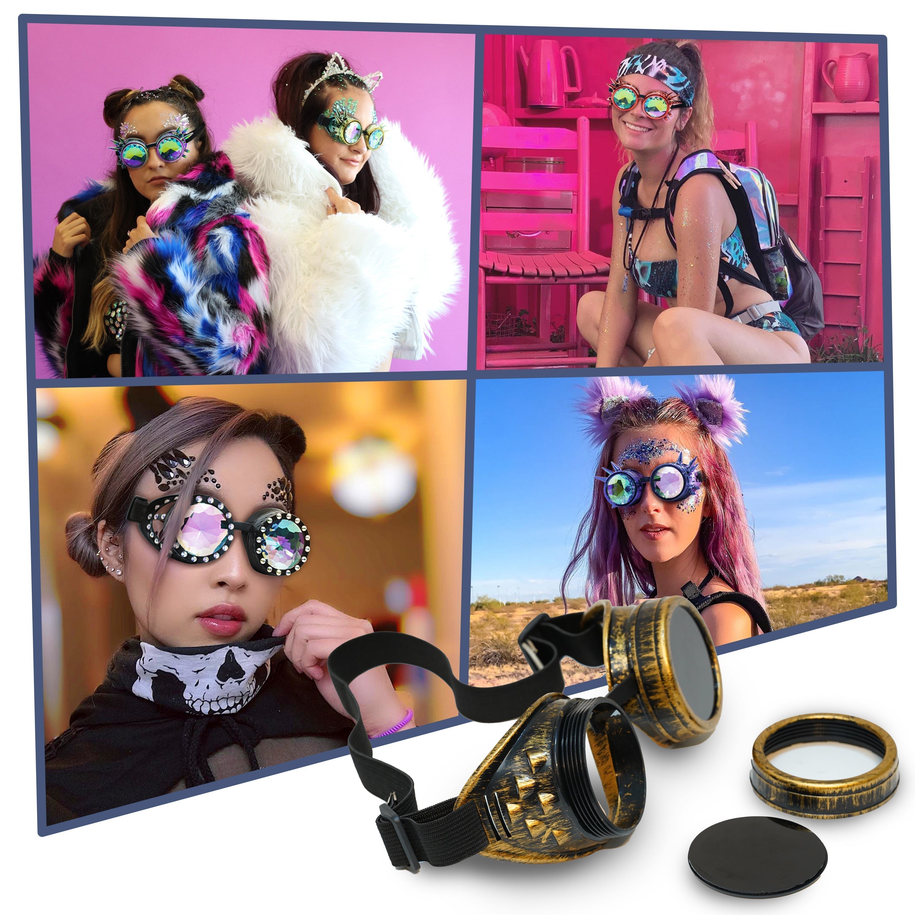 Steampunk Goggles and Kaleidoscope Glasses with colorful lenses, perfect for cosplay and rave outfits.