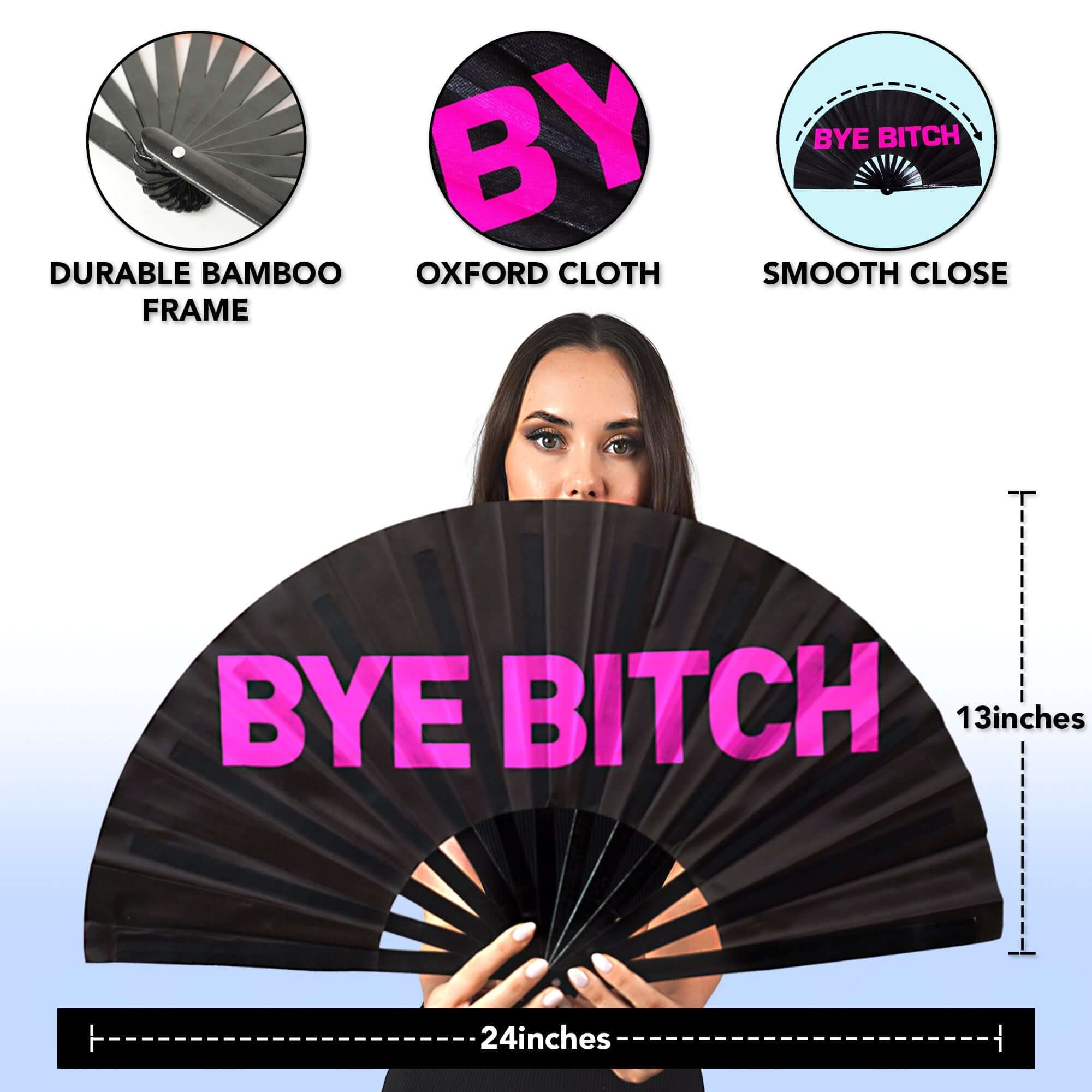 Festival Fans featuring a black bamboo folding fan with 'BYE BITCH' in bold pink, great for raves and drag events.